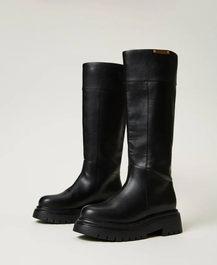 Twinset High Boots With Logo Plate Black Women Flat Shoes Twinset High Boots With Logo Plate Black Women Flat Shoes