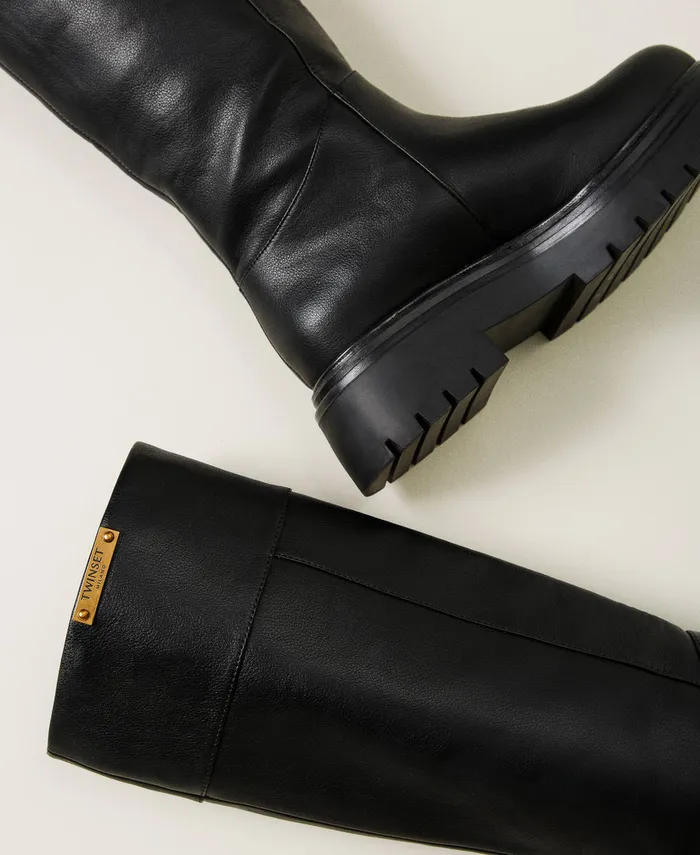 Twinset High Boots With Logo Plate Black Women Flat Shoes Twinset High Boots With Logo Plate Black Women Flat Shoes
