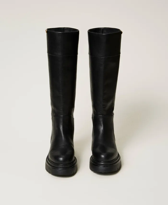 Twinset High Boots With Logo Plate Black Women Flat Shoes Twinset High Boots With Logo Plate Black Women Flat Shoes