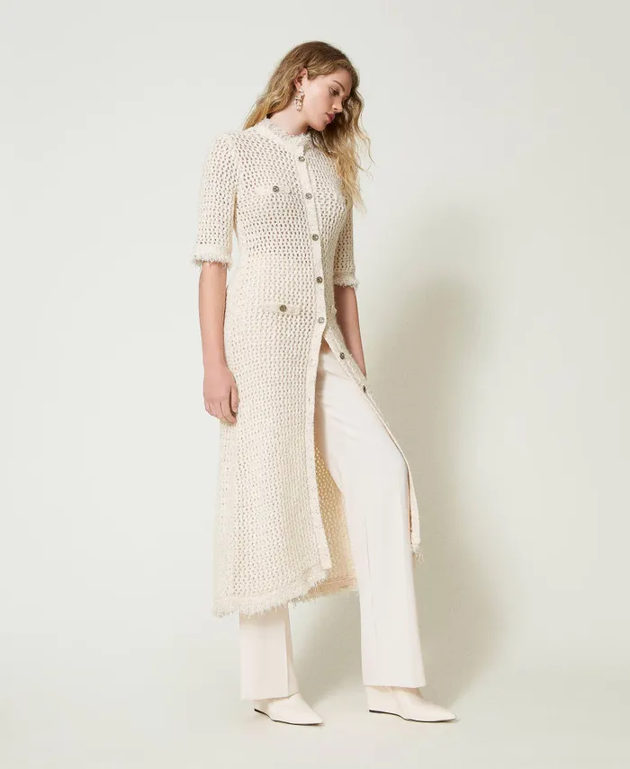 Twinset Jacquard Knit Mesh CardiDress Old White Women Dresses