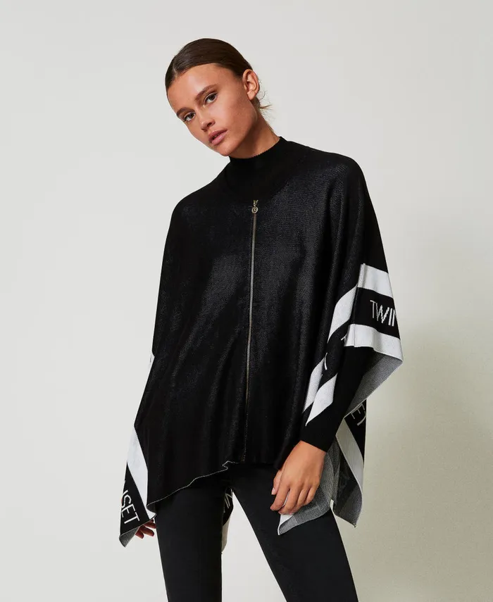 Twinset Jacquard Knit Poncho With Logo Black Women Jackets And Outerwear