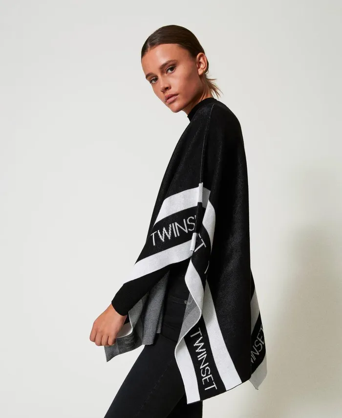 Twinset Jacquard Knit Poncho With Logo Black Women Jackets And Outerwear Twinset Jacquard Knit Poncho With Logo Black Women Jackets And Outerwear