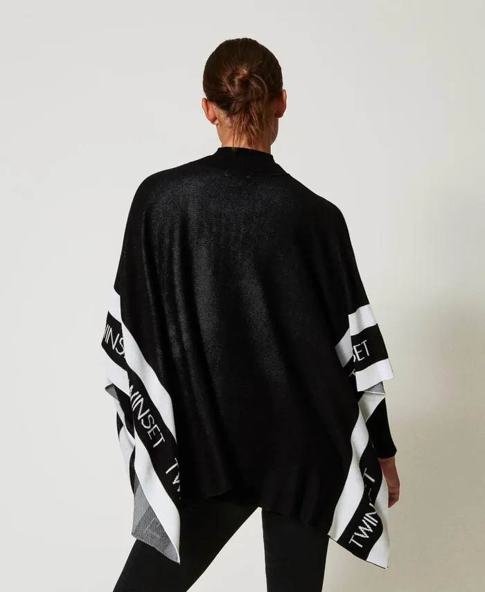 Twinset Jacquard Knit Poncho With Logo Black Women Jackets And Outerwear Twinset Jacquard Knit Poncho With Logo Black Women Jackets And Outerwear