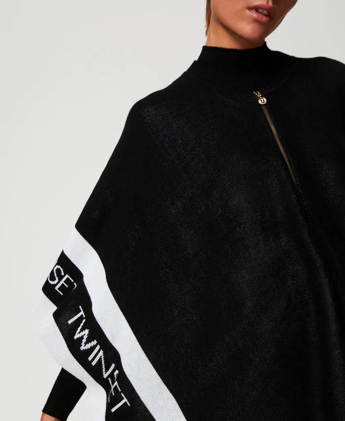 Twinset Jacquard Knit Poncho With Logo Black Women Jackets And Outerwear Twinset Jacquard Knit Poncho With Logo Black Women Jackets And Outerwear