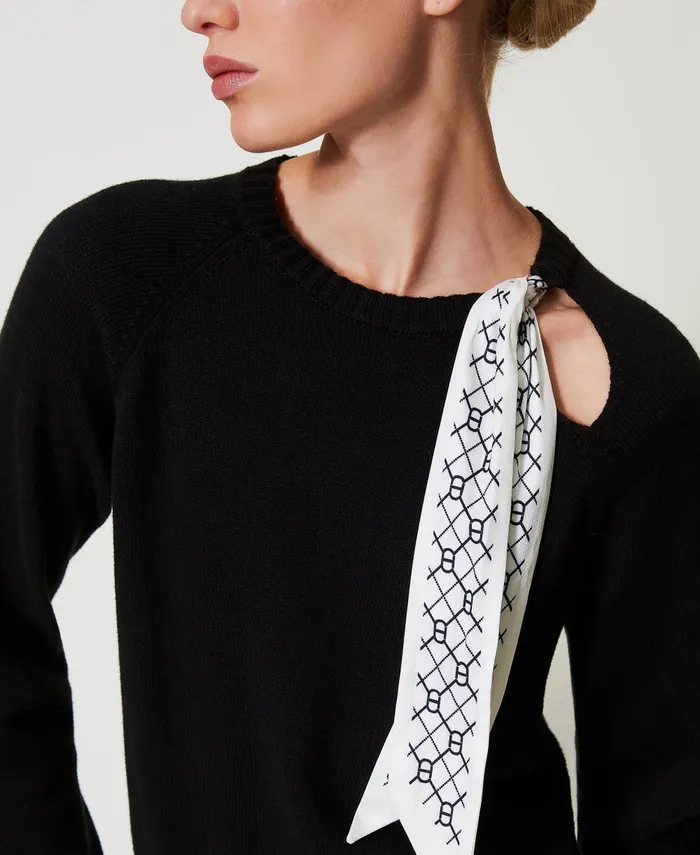 Twinset Jumper With Logoed Foulard Twotone Blackblack Oval T Printsnow Women Jumpers And Cardigans