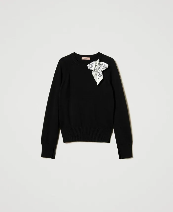 Twinset Jumper With Logoed Foulard Twotone Blackblack Oval T Printsnow Women Jumpers And Cardigans