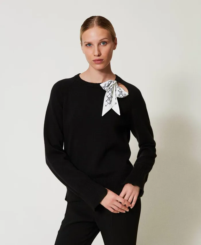 Twinset Jumper With Logoed Foulard Twotone Blackblack Oval T Printsnow Women Jumpers And Cardigans