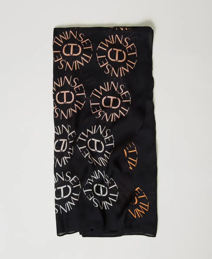 Twinset Kefiah With Oval T Print And Logo Multicolour Black Oval T Print Women Scarves