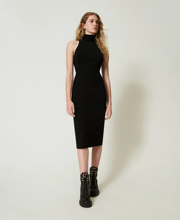 Twinset Knit Halter Neck Midi Dress Black Women Dresses