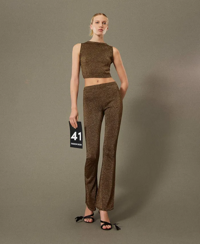 Twinset Knit Top With Lurex Twotone Dark Chocolate Dark Gold Women TShirts And Tops