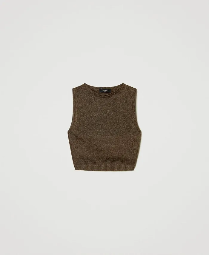 Twinset Knit Top With Lurex Twotone Dark Chocolate Dark Gold Women TShirts And Tops Twinset Knit Top With Lurex Twotone Dark Chocolate Dark Gold Women TShirts And Tops