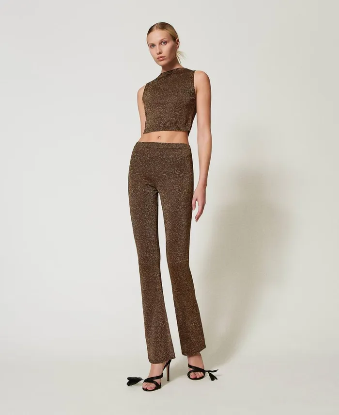 Twinset Knit Top With Lurex Twotone Dark Chocolate Dark Gold Women TShirts And Tops Twinset Knit Top With Lurex Twotone Dark Chocolate Dark Gold Women TShirts And Tops