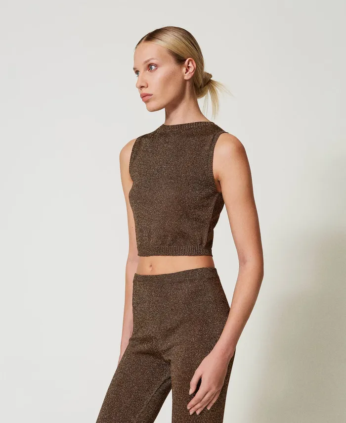 Twinset Knit Top With Lurex Twotone Dark Chocolate Dark Gold Women TShirts And Tops Twinset Knit Top With Lurex Twotone Dark Chocolate Dark Gold Women TShirts And Tops