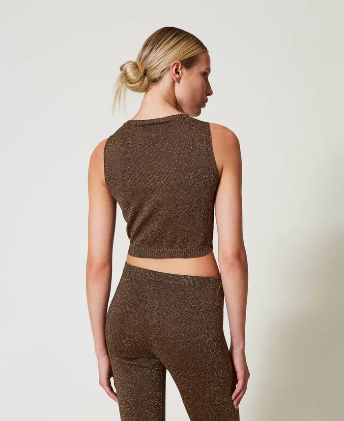 Twinset Knit Top With Lurex Twotone Dark Chocolate Dark Gold Women TShirts And Tops Twinset Knit Top With Lurex Twotone Dark Chocolate Dark Gold Women TShirts And Tops