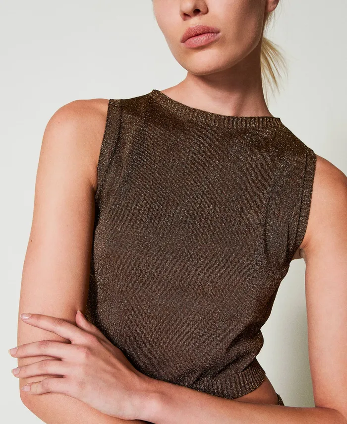 Twinset Knit Top With Lurex Twotone Dark Chocolate Dark Gold Women TShirts And Tops Twinset Knit Top With Lurex Twotone Dark Chocolate Dark Gold Women TShirts And Tops