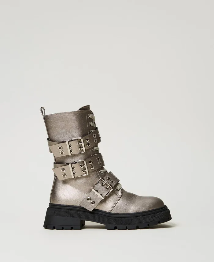 Twinset Laminated Combat Boots With Straps Pewter Hazelnut Women Combat Boots