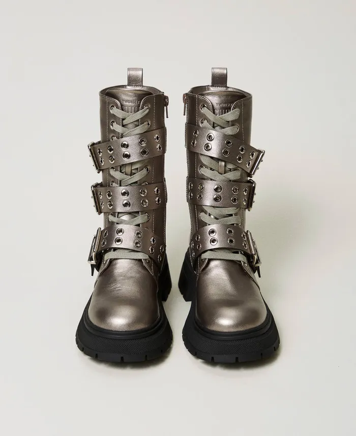 Twinset Laminated Combat Boots With Straps Pewter Hazelnut Women Combat Boots Twinset Laminated Combat Boots With Straps Pewter Hazelnut Women Combat Boots