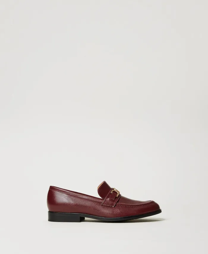 Twinset Leather Loafers With Oval T Clasp Bordeaux Women Ballet Flats And Loafers