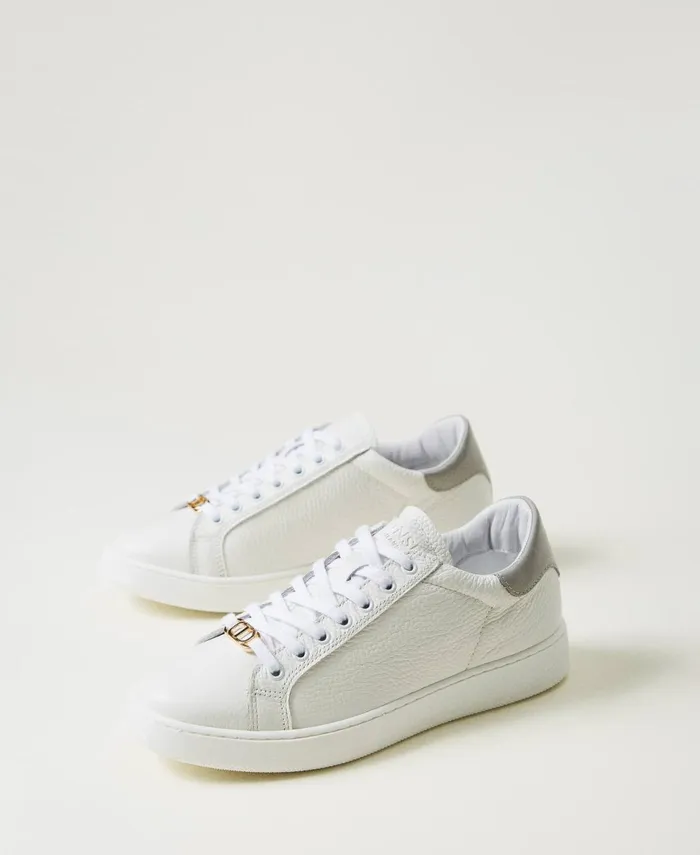 Twinset Leather Trainers With Oval T Twotone Optical White Pearl Grey Women Trainers Twinset Leather Trainers With Oval T Twotone Optical White Pearl Grey Women Trainers