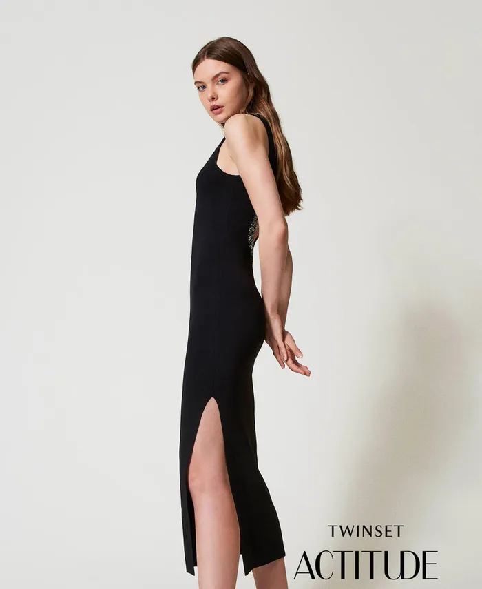 Twinset Long Knit Dress With Sequins Black Women Dresses
