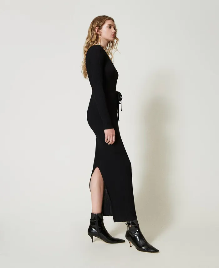 Twinset Long Ribbed Knit Dress With CutOut Black Women Dresses