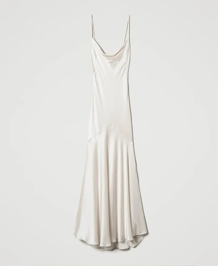 Twinset Long Silk Blend Satin Dress Butter Cookie White Women Dresses Twinset Long Silk Blend Satin Dress Butter Cookie White Women Dresses