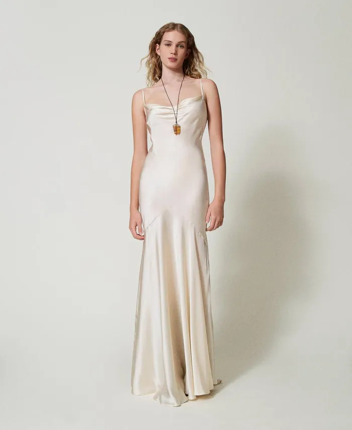 Twinset Long Silk Blend Satin Dress Butter Cookie White Women Dresses Twinset Long Silk Blend Satin Dress Butter Cookie White Women Dresses