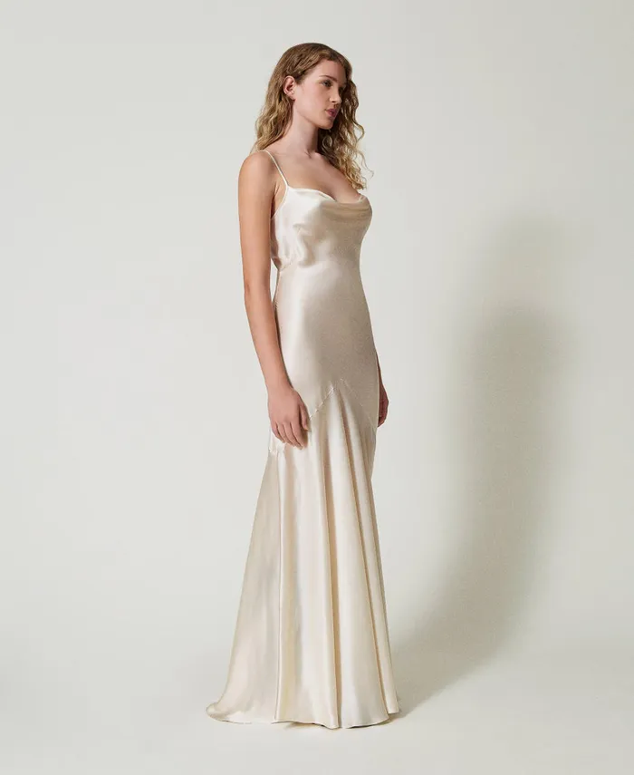 Twinset Long Silk Blend Satin Dress Butter Cookie White Women Dresses Twinset Long Silk Blend Satin Dress Butter Cookie White Women Dresses