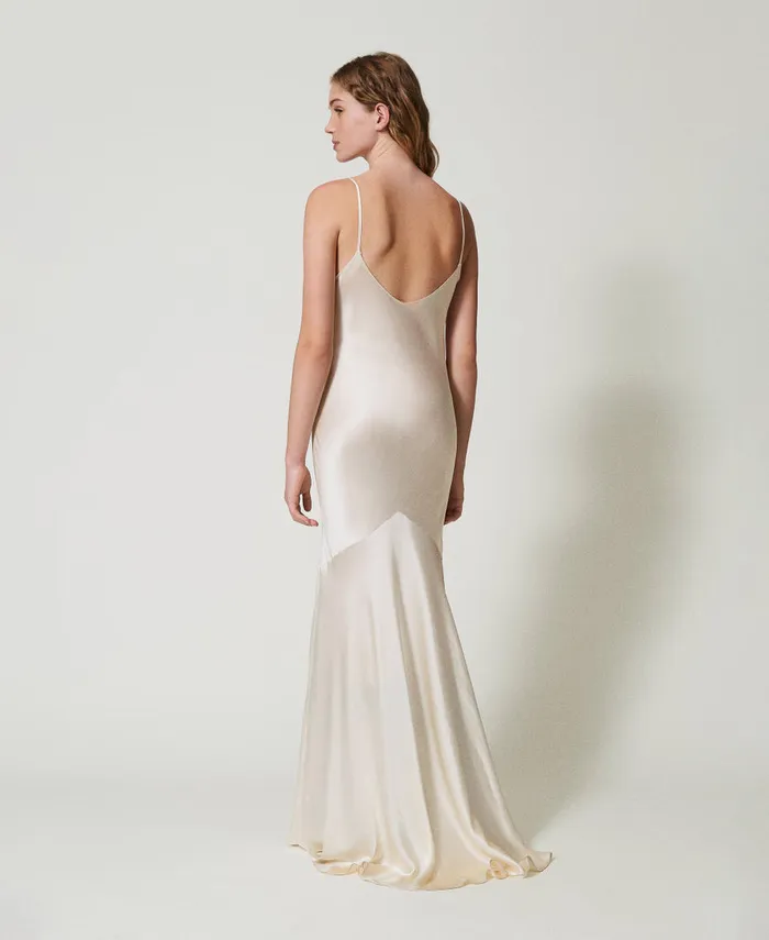 Twinset Long Silk Blend Satin Dress Butter Cookie White Women Dresses Twinset Long Silk Blend Satin Dress Butter Cookie White Women Dresses
