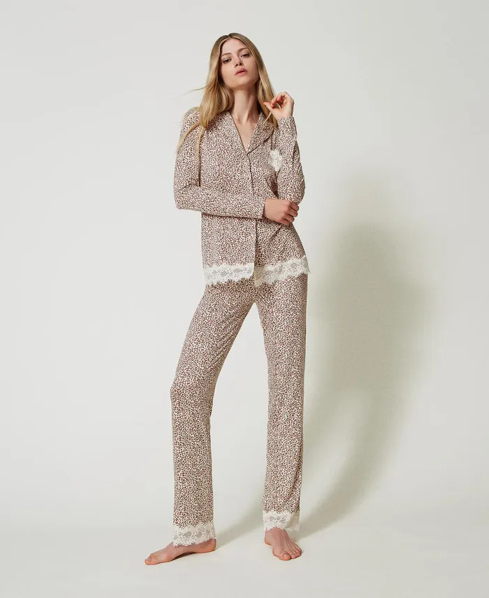 Twinset Mannish Printed Pyjamas With Lace Multicolour Animal Print Women Underwear And Nightwear Twinset Mannish Printed Pyjamas With Lace Multicolour Animal Print Women Underwear And Nightwear