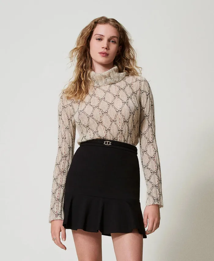 Twinset Mohair Blend Turtleneck Printed Jumper White Cream Black Bow Print Women Jumpers And Cardigans