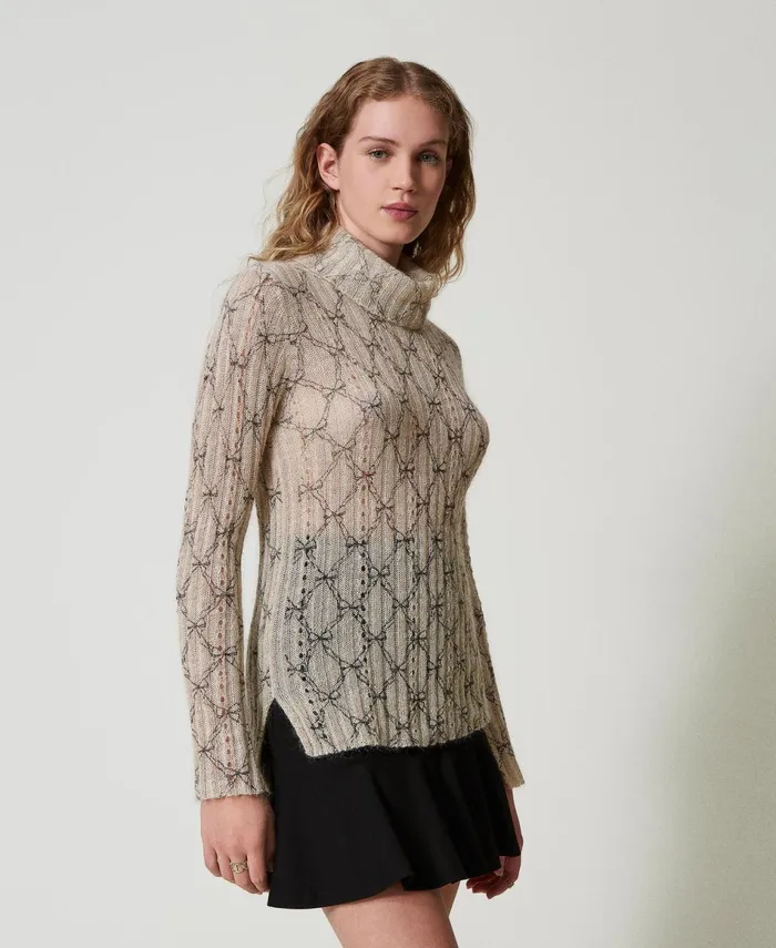 Twinset Mohair Blend Turtleneck Printed Jumper White Cream Black Bow Print Women Jumpers And Cardigans Twinset Mohair Blend Turtleneck Printed Jumper White Cream Black Bow Print Women Jumpers And Cardigans
