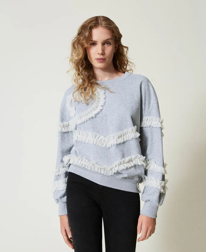 Twinset Mottled Sweatshirt With Tulle Ruffles Twotone Mid Melange Grey Motherofpearl Women Sweatshirts