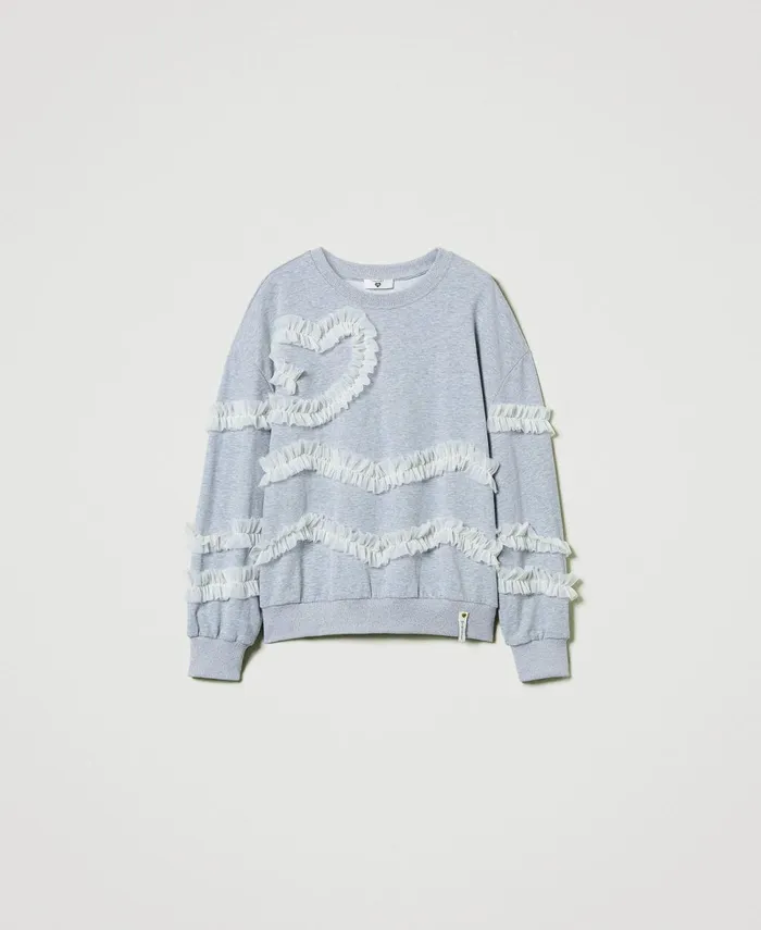 Twinset Mottled Sweatshirt With Tulle Ruffles Twotone Mid Melange Grey Motherofpearl Women Sweatshirts Twinset Mottled Sweatshirt With Tulle Ruffles Twotone Mid Melange Grey Motherofpearl Women Sweatshirts