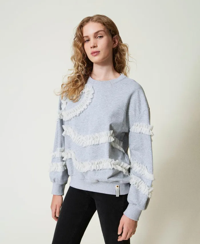 Twinset Mottled Sweatshirt With Tulle Ruffles Twotone Mid Melange Grey Motherofpearl Women Sweatshirts Twinset Mottled Sweatshirt With Tulle Ruffles Twotone Mid Melange Grey Motherofpearl Women Sweatshirts