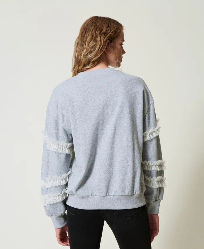 Twinset Mottled Sweatshirt With Tulle Ruffles Twotone Mid Melange Grey Motherofpearl Women Sweatshirts Twinset Mottled Sweatshirt With Tulle Ruffles Twotone Mid Melange Grey Motherofpearl Women Sweatshirts