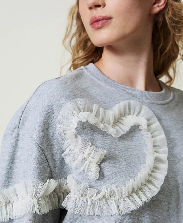 Twinset Mottled Sweatshirt With Tulle Ruffles Twotone Mid Melange Grey Motherofpearl Women Sweatshirts Twinset Mottled Sweatshirt With Tulle Ruffles Twotone Mid Melange Grey Motherofpearl Women Sweatshirts