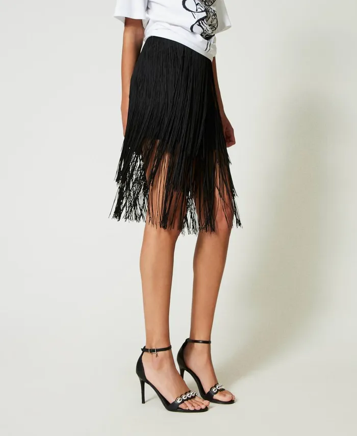 Twinset Myfo Miniskirt With Fringes Black Women Skirts Twinset Myfo Miniskirt With Fringes Black Women Skirts