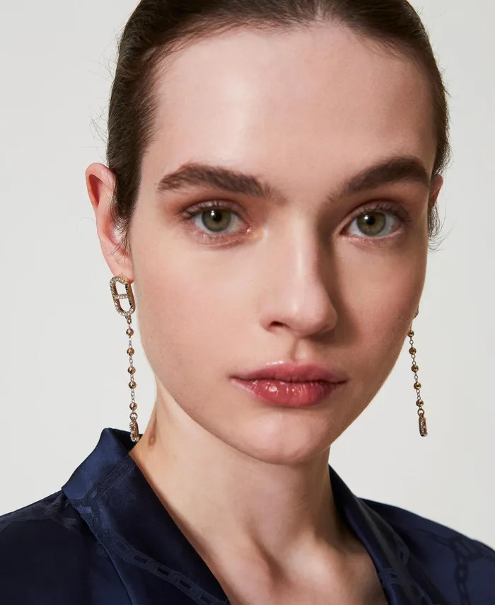 Twinset Pendant Earrings With Rhinestones And Oval T New Gold Women Jewellery Twinset Pendant Earrings With Rhinestones And Oval T New Gold Women Jewellery