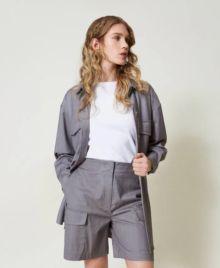 Twinset Pinstripe Bermuda Shorts With Pockets Snow Pinstripe Melange Grey Women Suits And Sets