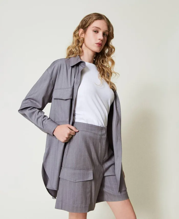 Twinset Pinstripe Bermuda Shorts With Pockets Snow Pinstripe Melange Grey Women Suits And Sets Twinset Pinstripe Bermuda Shorts With Pockets Snow Pinstripe Melange Grey Women Suits And Sets