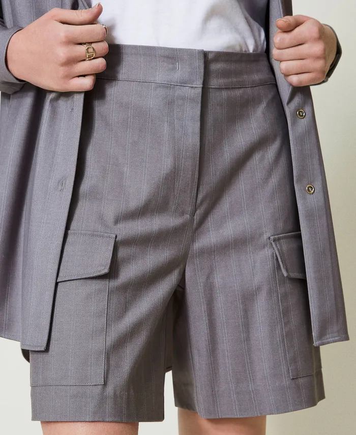 Twinset Pinstripe Bermuda Shorts With Pockets Snow Pinstripe Melange Grey Women Suits And Sets Twinset Pinstripe Bermuda Shorts With Pockets Snow Pinstripe Melange Grey Women Suits And Sets
