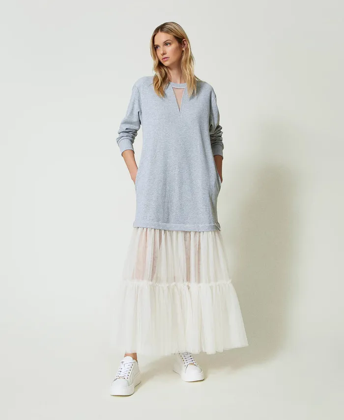 Twinset Plush Fabric And Tulle Long Dress Twotone Mid Melange Grey Motherofpearl Women Dresses