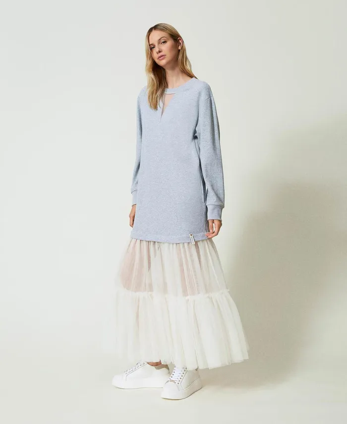 Twinset Plush Fabric And Tulle Long Dress Twotone Mid Melange Grey Motherofpearl Women Dresses Twinset Plush Fabric And Tulle Long Dress Twotone Mid Melange Grey Motherofpearl Women Dresses