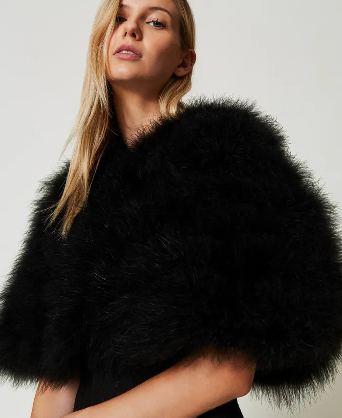 Twinset Short Cape With Feathers Black Women Jackets And Outerwear
