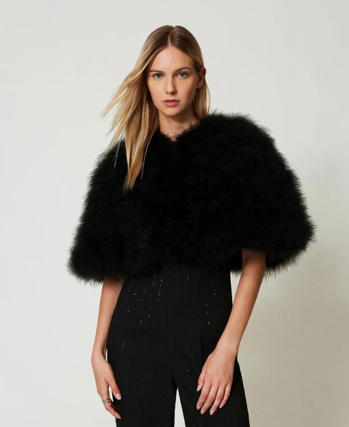 Twinset Short Cape With Feathers Black Women Jackets And Outerwear Twinset Short Cape With Feathers Black Women Jackets And Outerwear