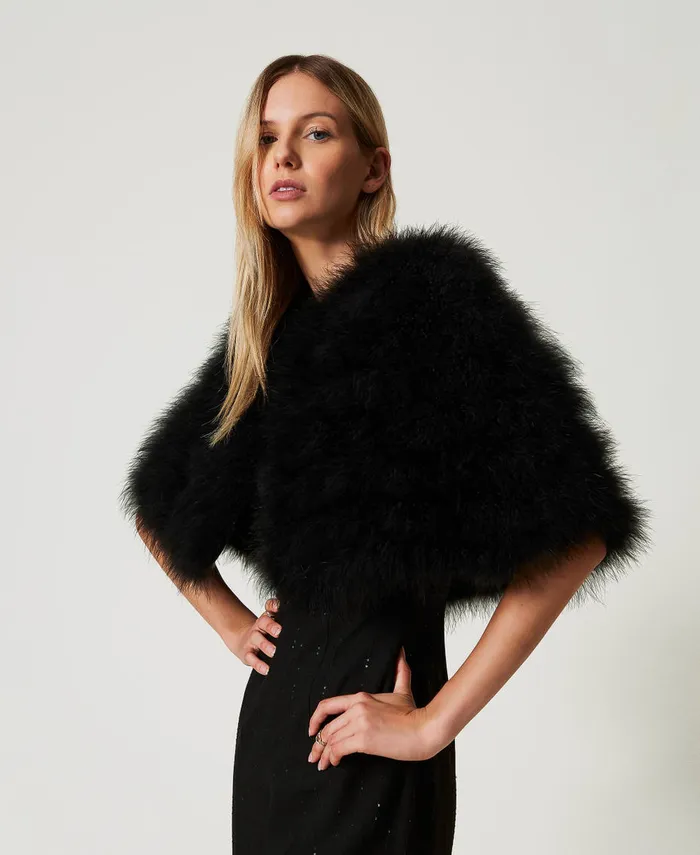 Twinset Short Cape With Feathers Black Women Jackets And Outerwear Twinset Short Cape With Feathers Black Women Jackets And Outerwear