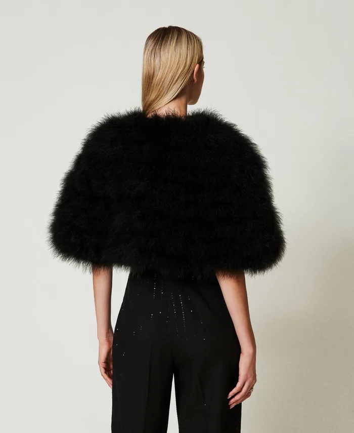 Twinset Short Cape With Feathers Black Women Jackets And Outerwear Twinset Short Cape With Feathers Black Women Jackets And Outerwear