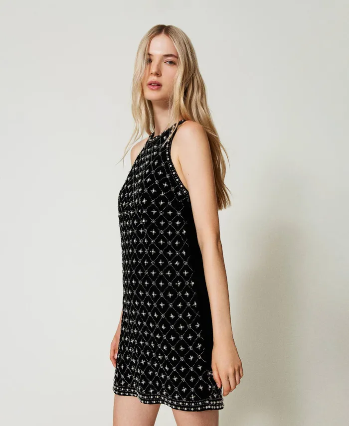 Twinset Short Embroidered Velvet Halter Dress Black Women Dresses