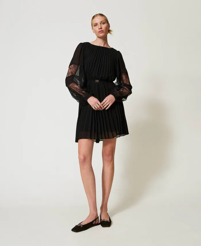 Twinset Short Pleated Georgette Dress With Lace Black Women Dresses